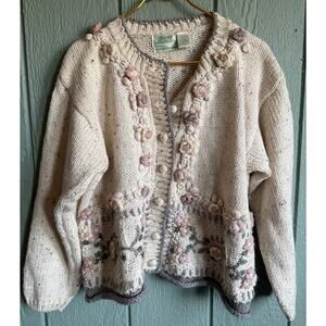 Vintage 80s Floral Embellishment Hand Knit Cardigan, Large